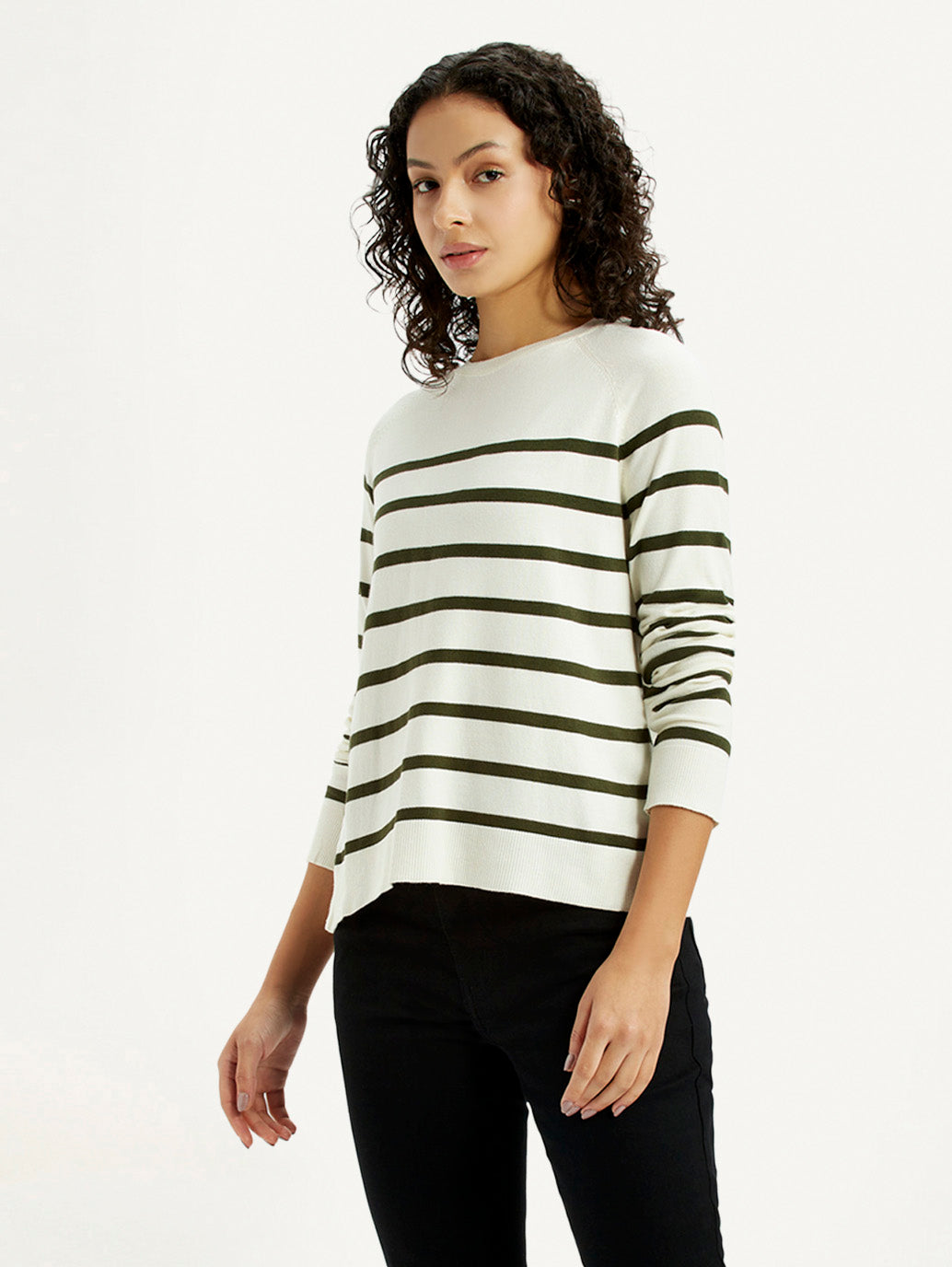 Women'S Striped Off White Crew Neck T-Shirt
