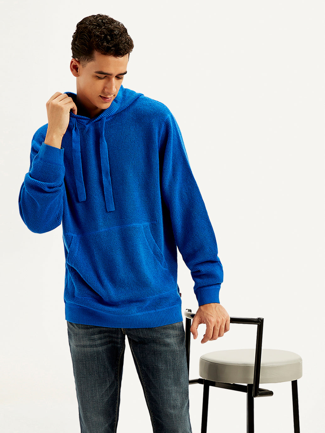 Men'S Solid Blue Hooded Sweatshirt