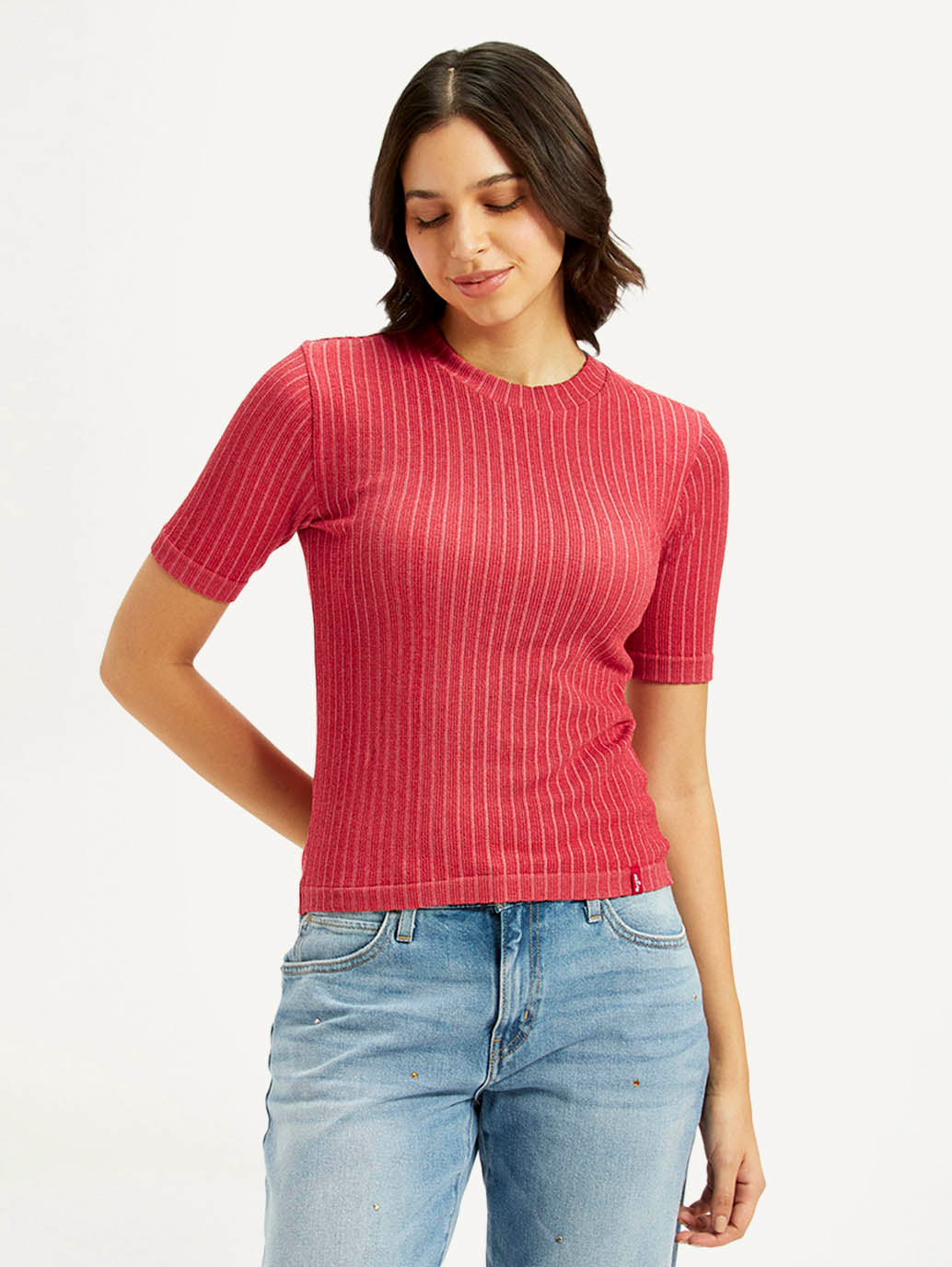 Women'S Solid Red Crew Neck Top