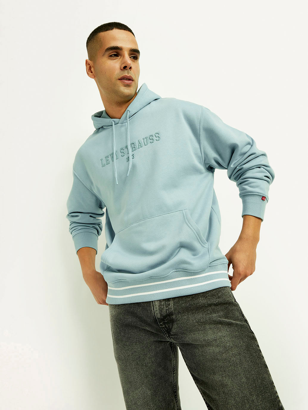 Men'S Brand Logo Light Blue Hooded Sweatshirt