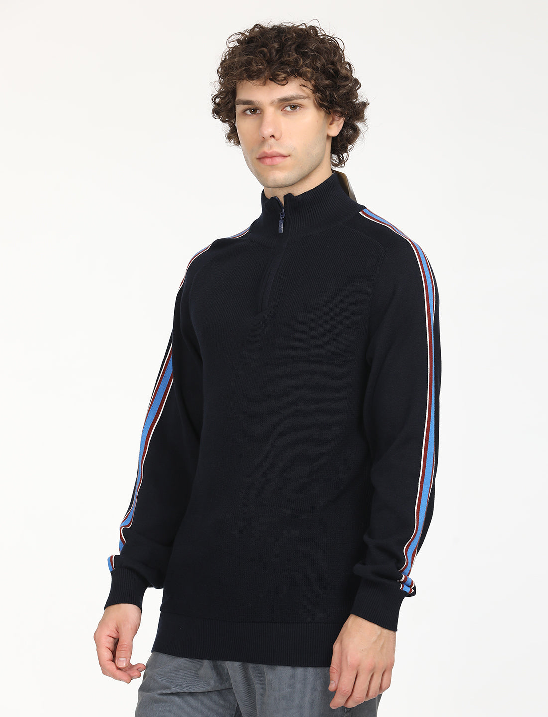 Men'S Striped Navy High Neck Sweater