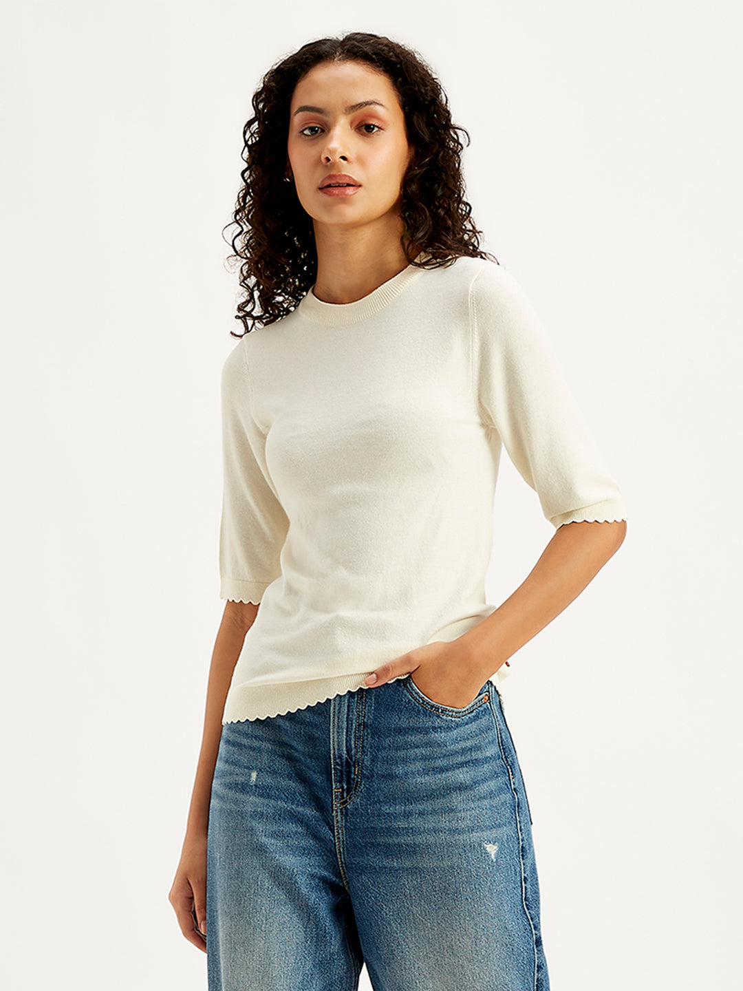 Women'S Solid White Crew Neck Sweater