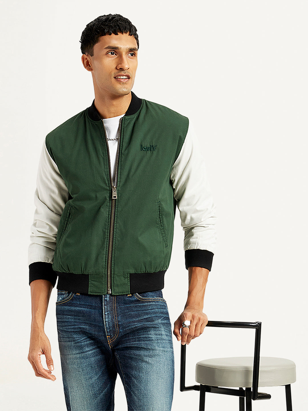 Men'S Colorblock Green Bomber Jacket