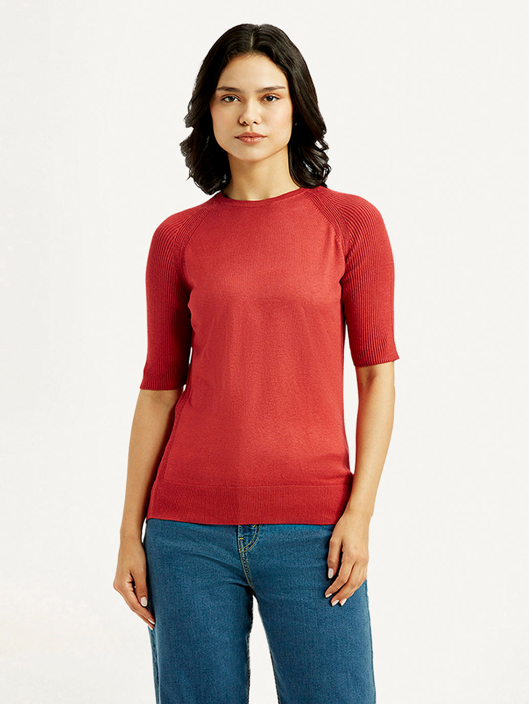 Women'S Solid Red Crew Neck Top