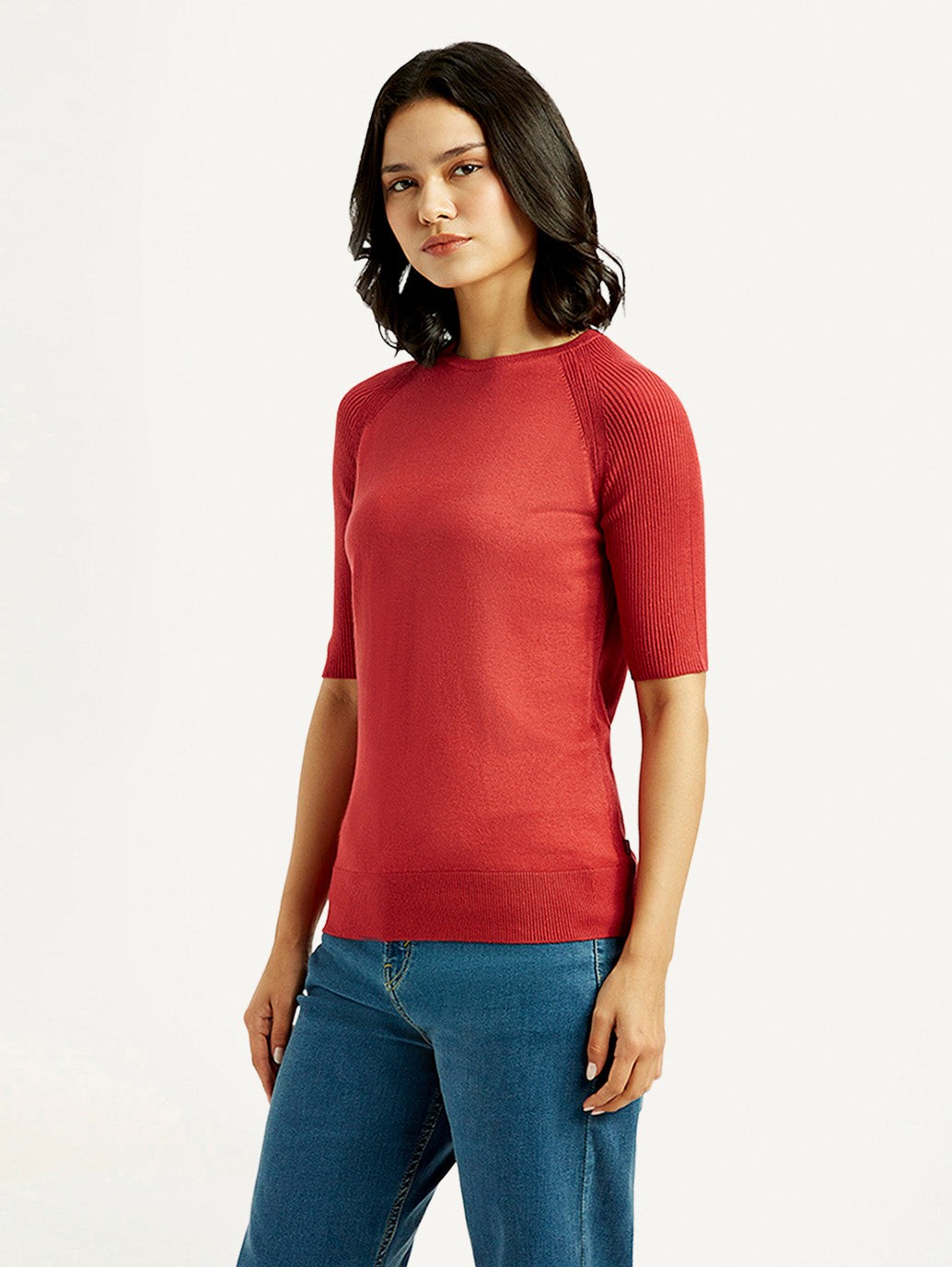 Women'S Solid Red Crew Neck Top