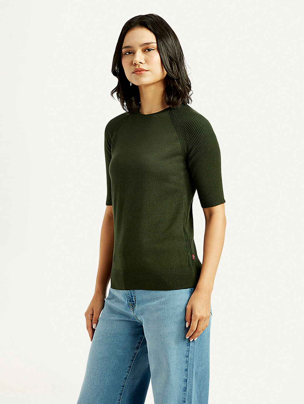 Women'S Solid Dark Green Crew Neck Top
