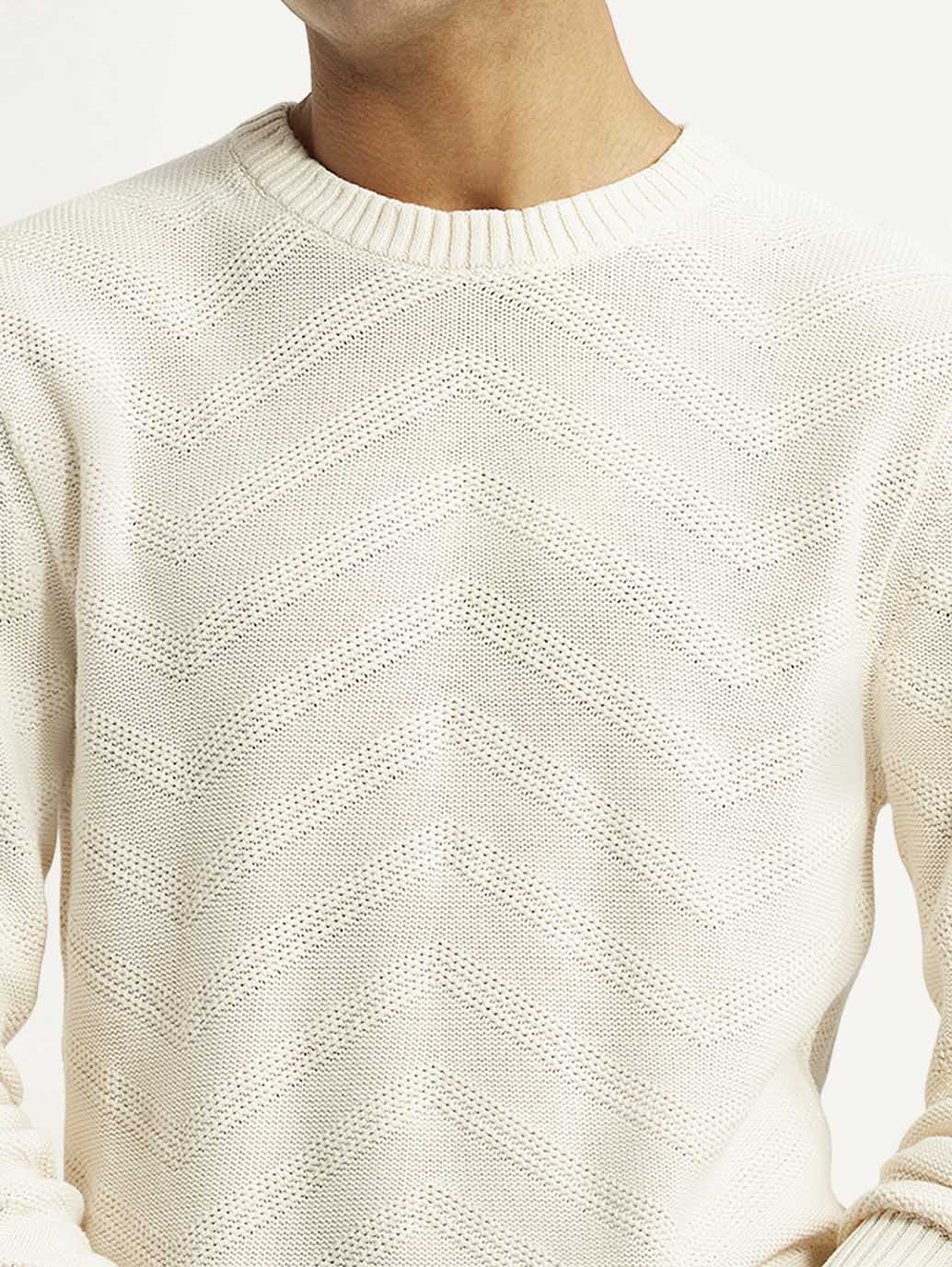 Men'S Self Design Off White Crew Neck Sweater