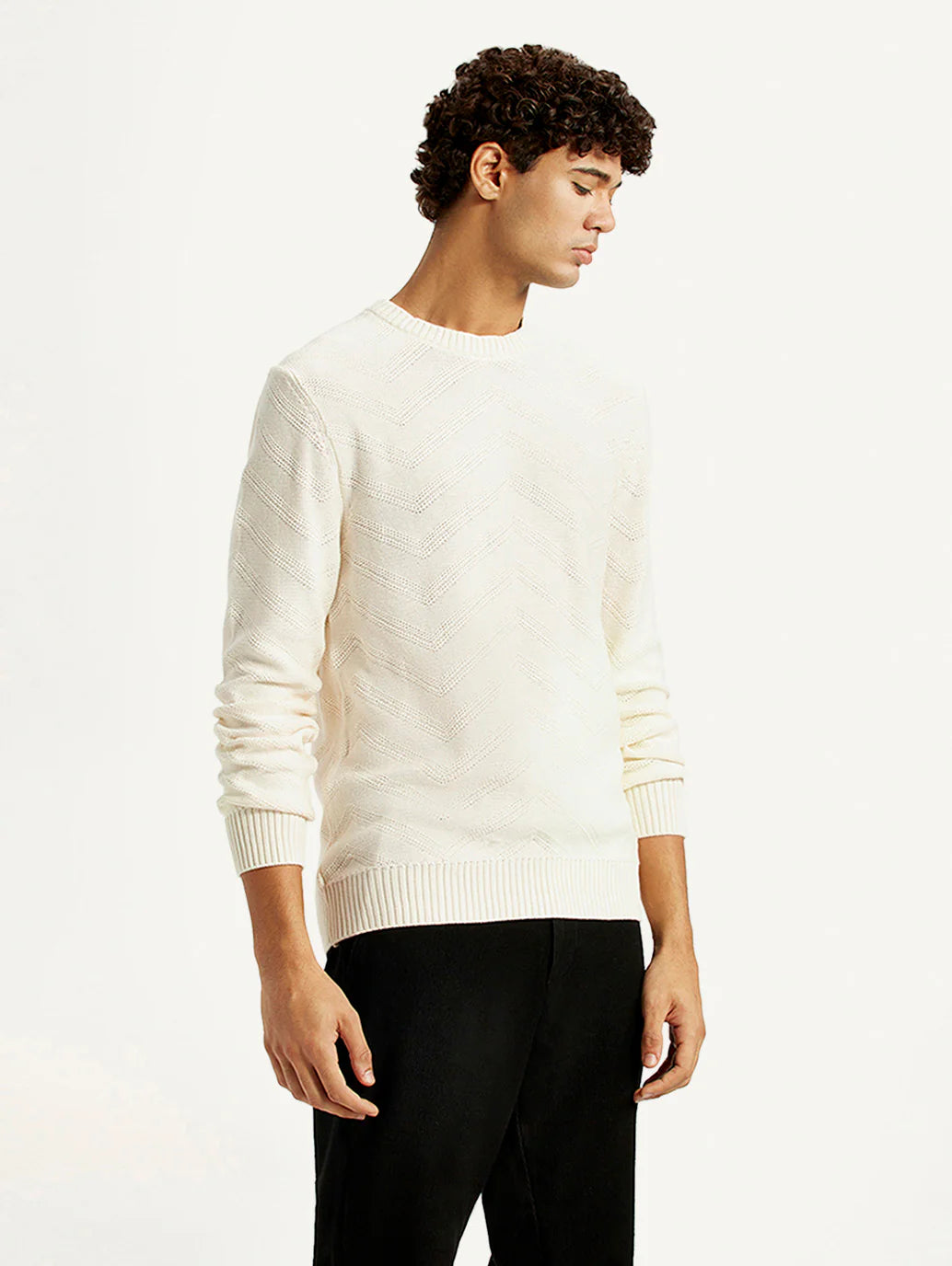 Men'S Self Design Off White Crew Neck Sweater