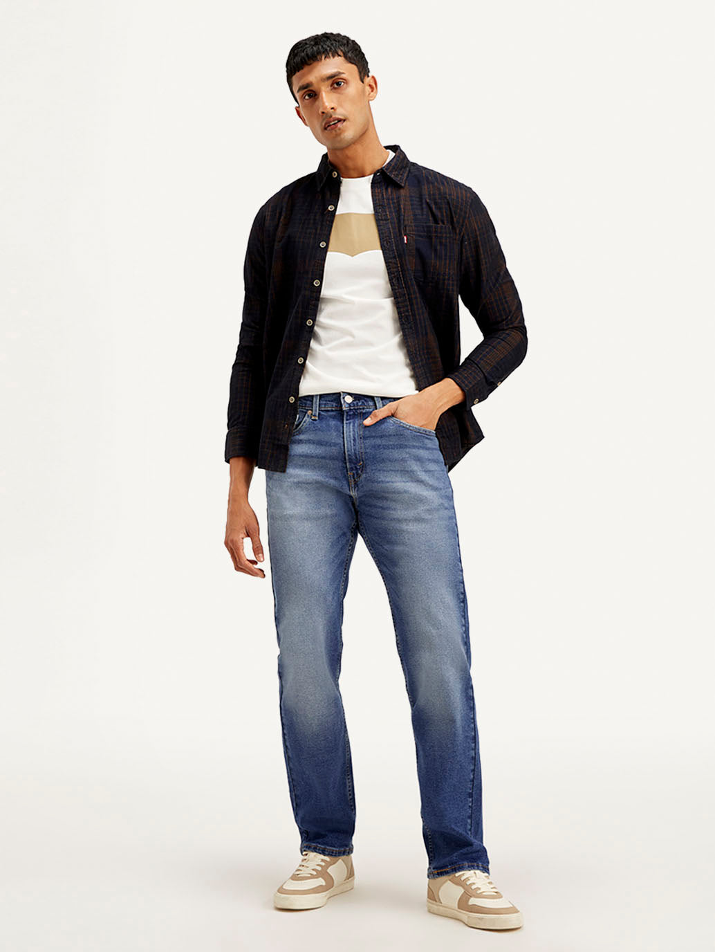 Levi's men's jeans 001H9-0027 in classic denim, slim fit style, shown on a model with front and back views.