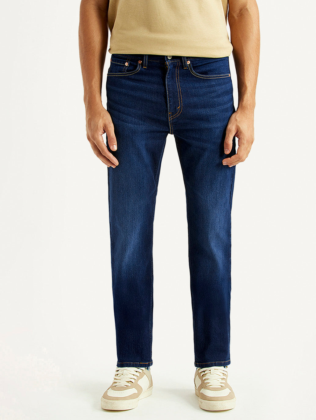 Levi's men's 505 navy straight fit mid-rise jeans shown from the front, classic denim style with a mid-rise waist and straight leg fit.