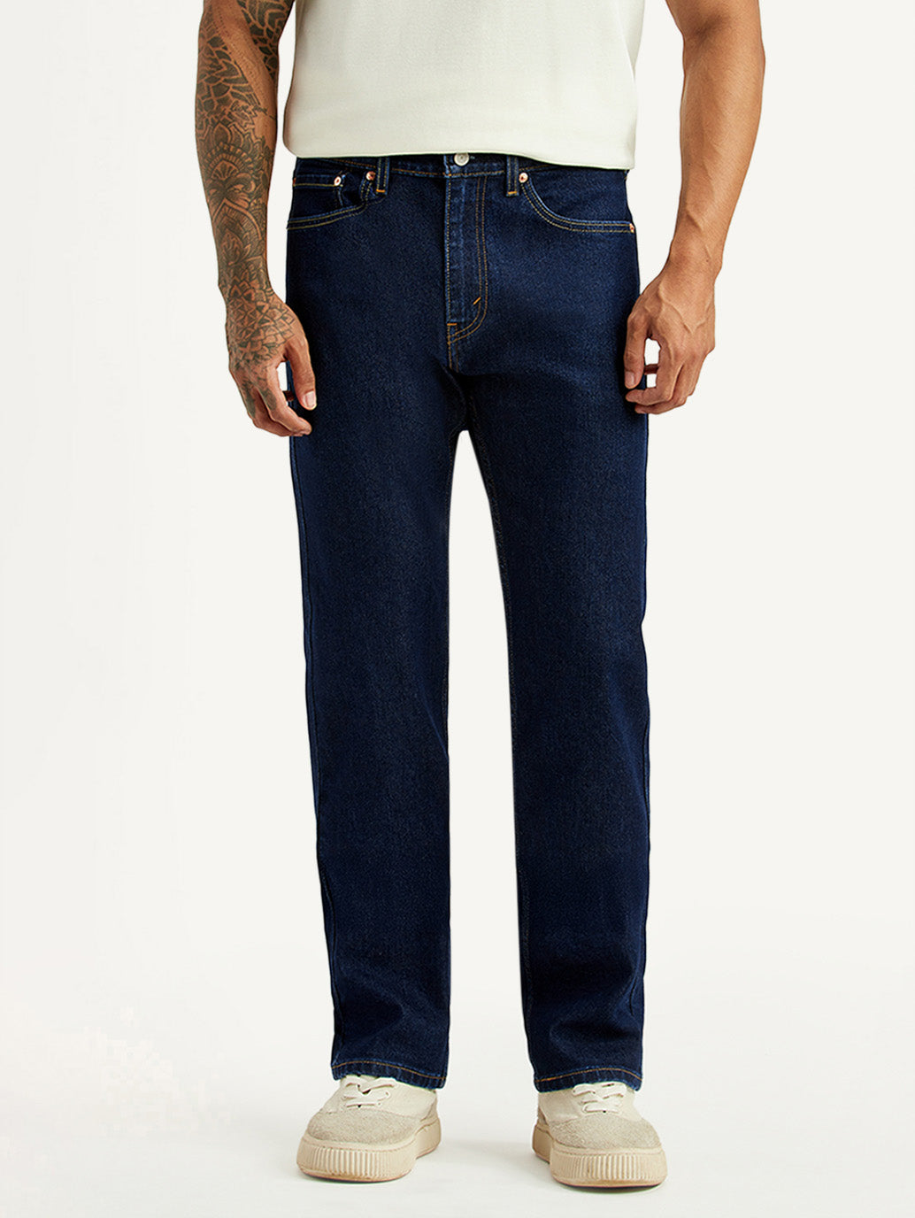 Levi's men's 505 dark blue straight fit mid-rise jeans, front view showing classic denim style and fit.