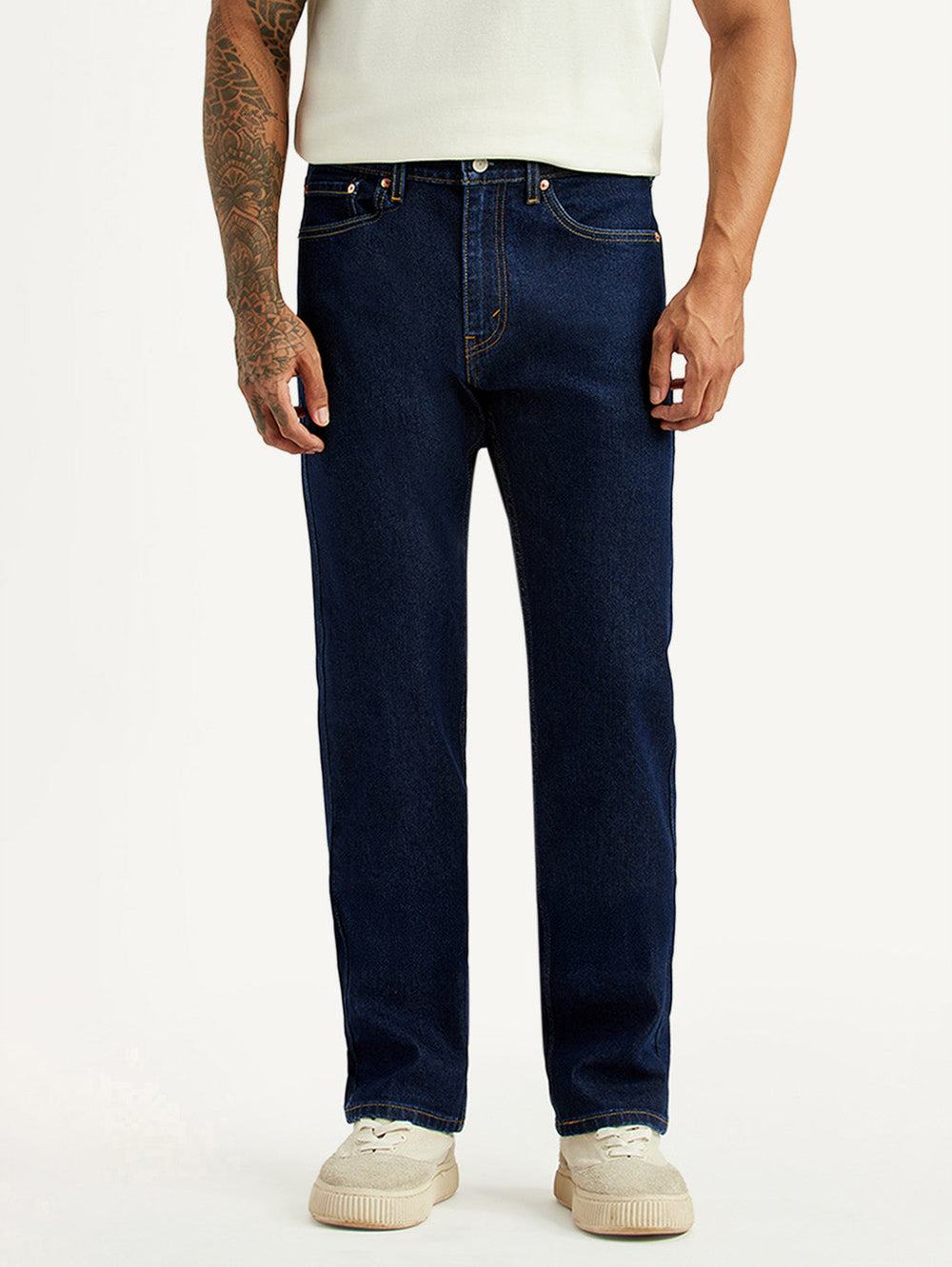 Levi's men's 505 dark blue straight fit mid-rise jeans, front view showing classic denim style and fit.