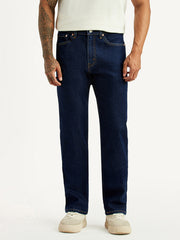 Levi's men's 505 dark blue straight fit mid-rise jeans, front view showing classic denim style and fit.