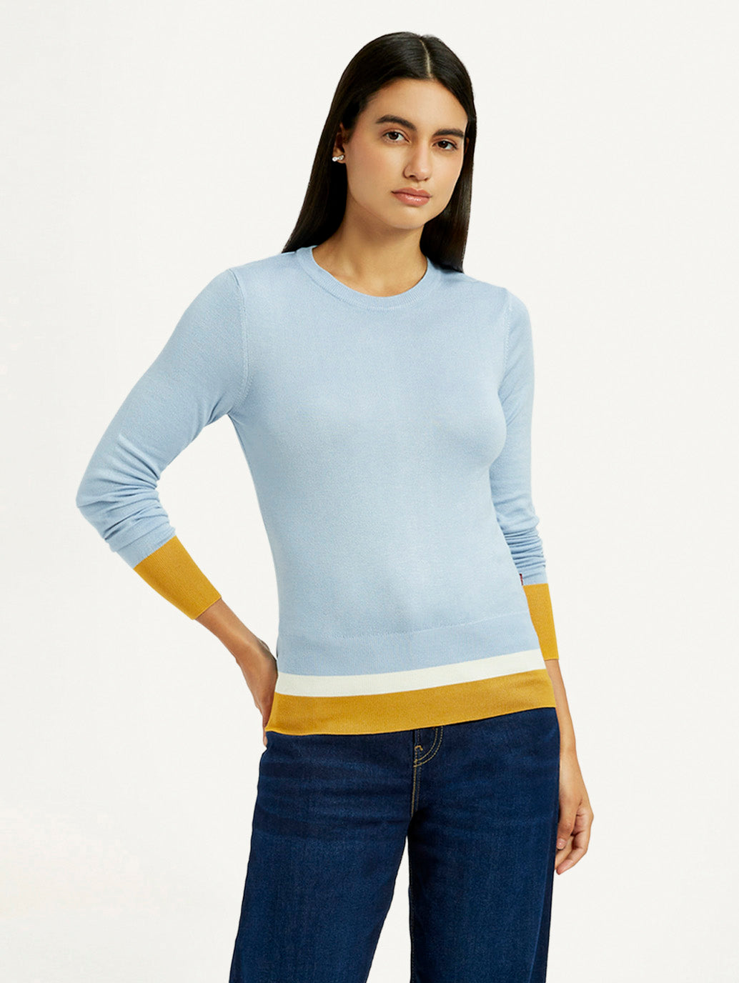 Women'S Colorblock Blue Crew Neck T-Shirt