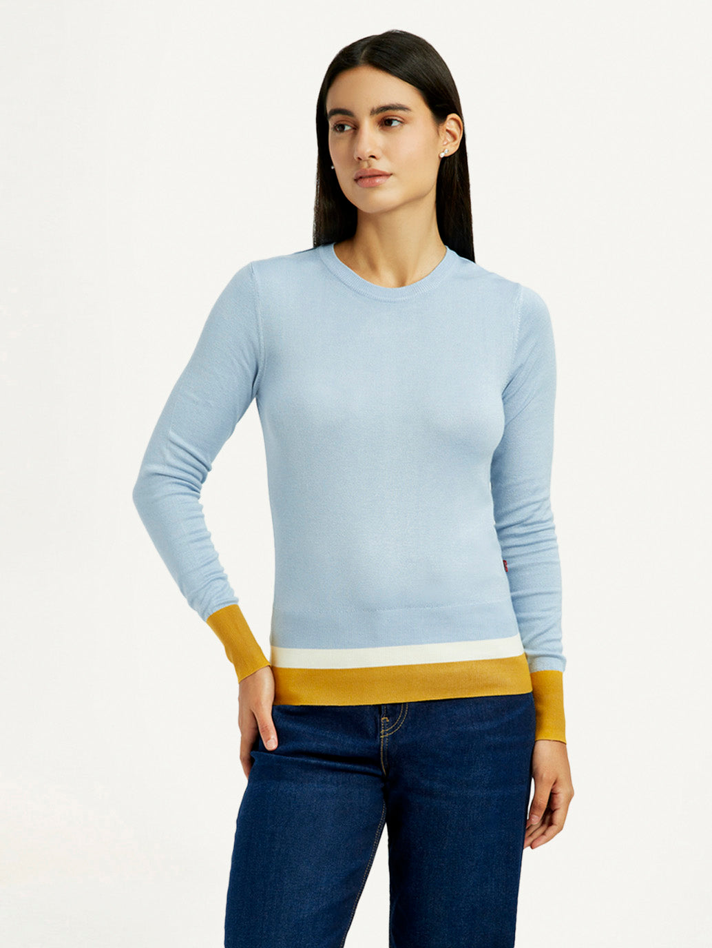 Women'S Colorblock Blue Crew Neck T-Shirt