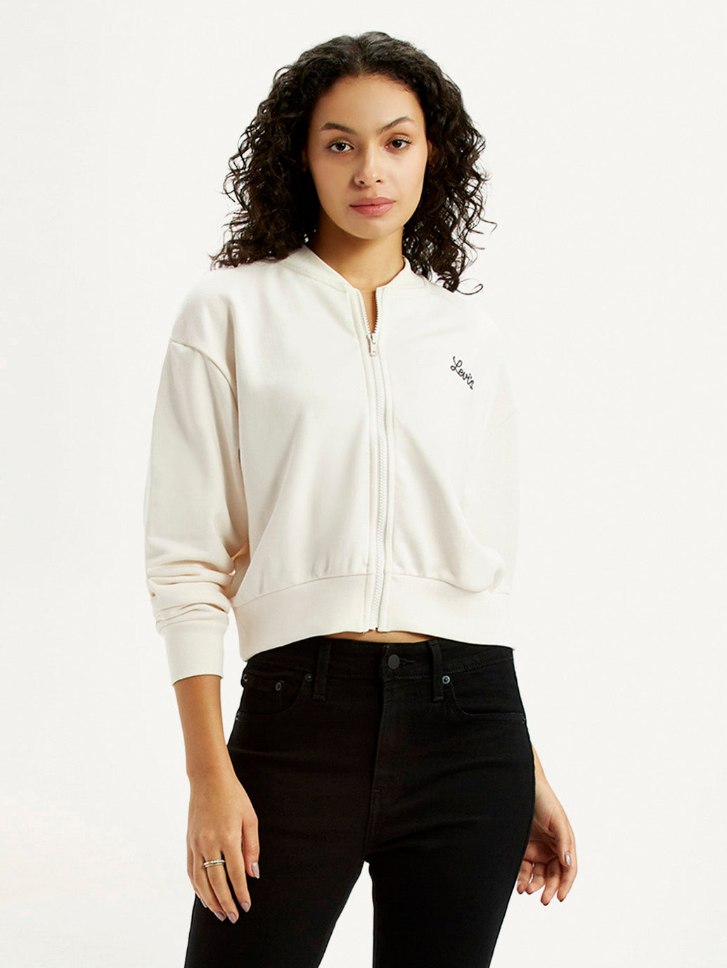 Levis women's graphic print off-white collar neck sweatshirt, casual western style top with bold graphic design and comfortable fit.