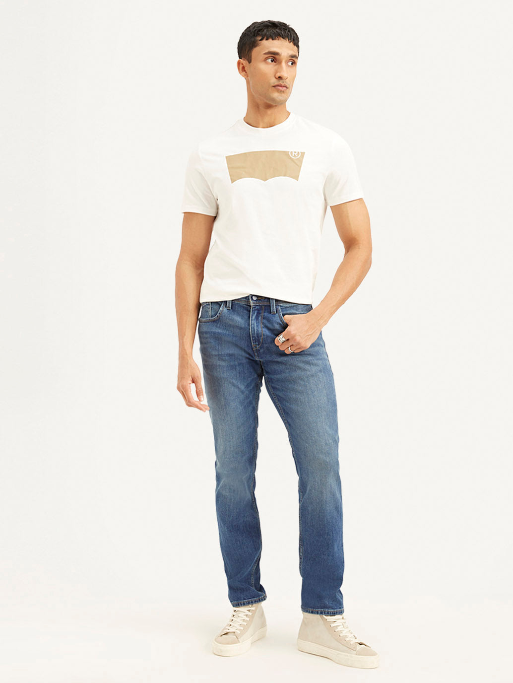 Levi's men's 511 slim fit mid-rise blue jeans displayed on a model, showcasing the stylish and classic denim look.
