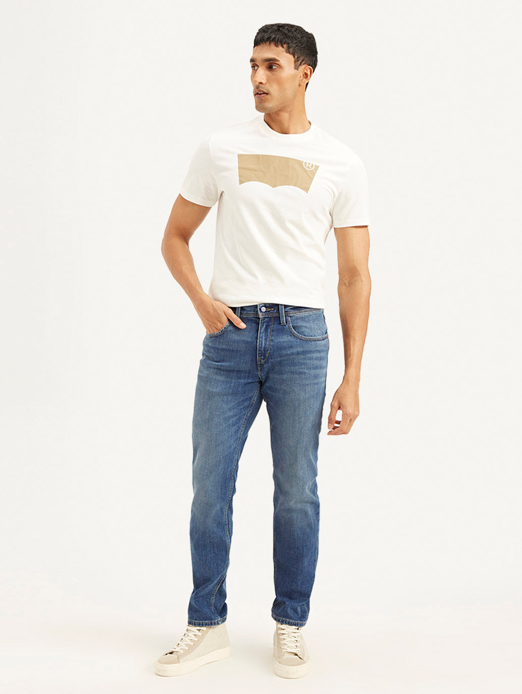 Levi's men's 511 blue slim fit mid-rise jeans, front view showing classic five-pocket design and tapered leg.
