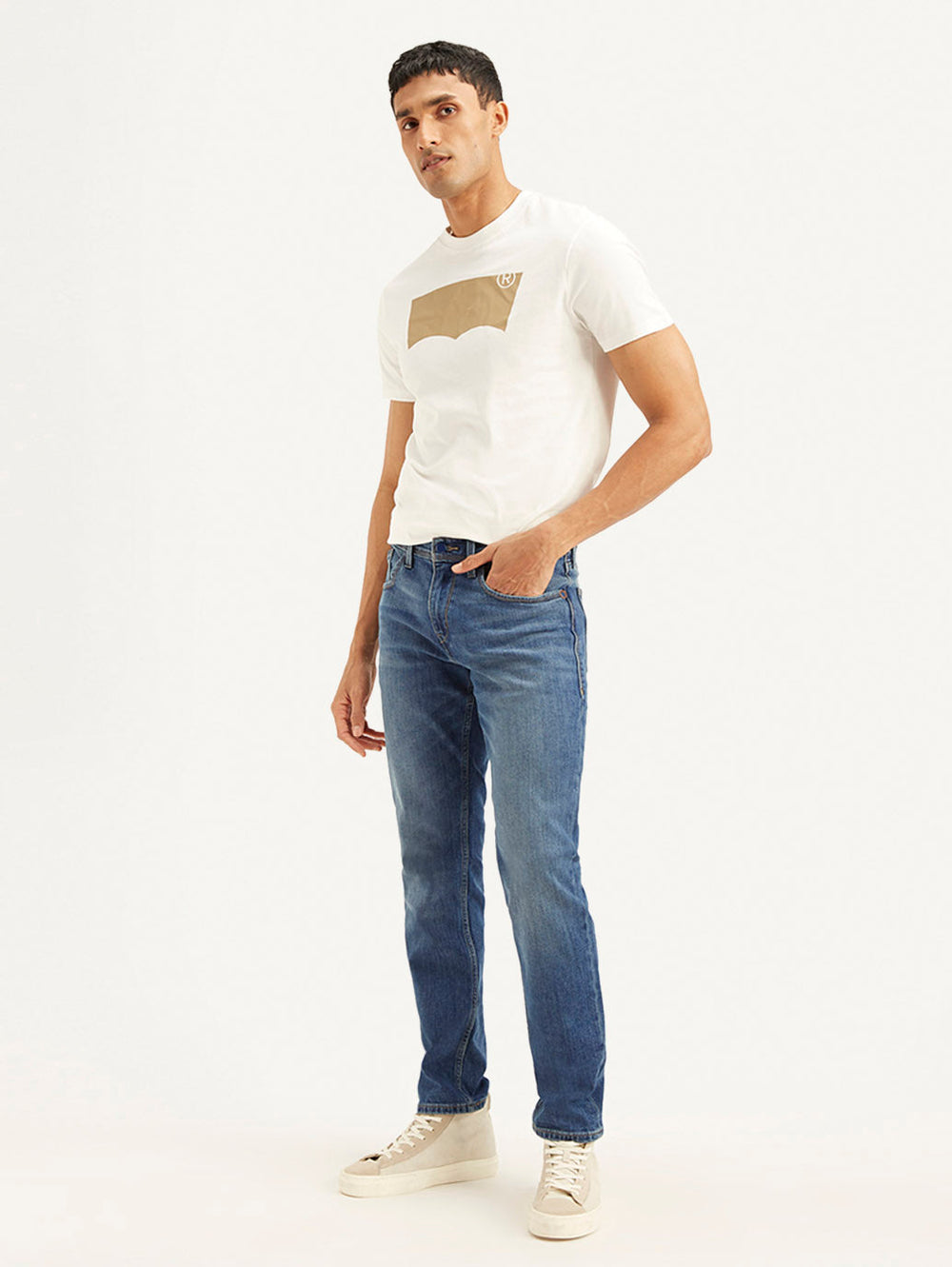 Levi's men's 511 slim fit blue mid-rise jeans shown from the side, featuring classic denim style and slim silhouette.