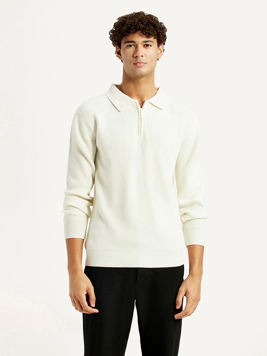 Men'S Self Design Off White Polo Neck Sweater
