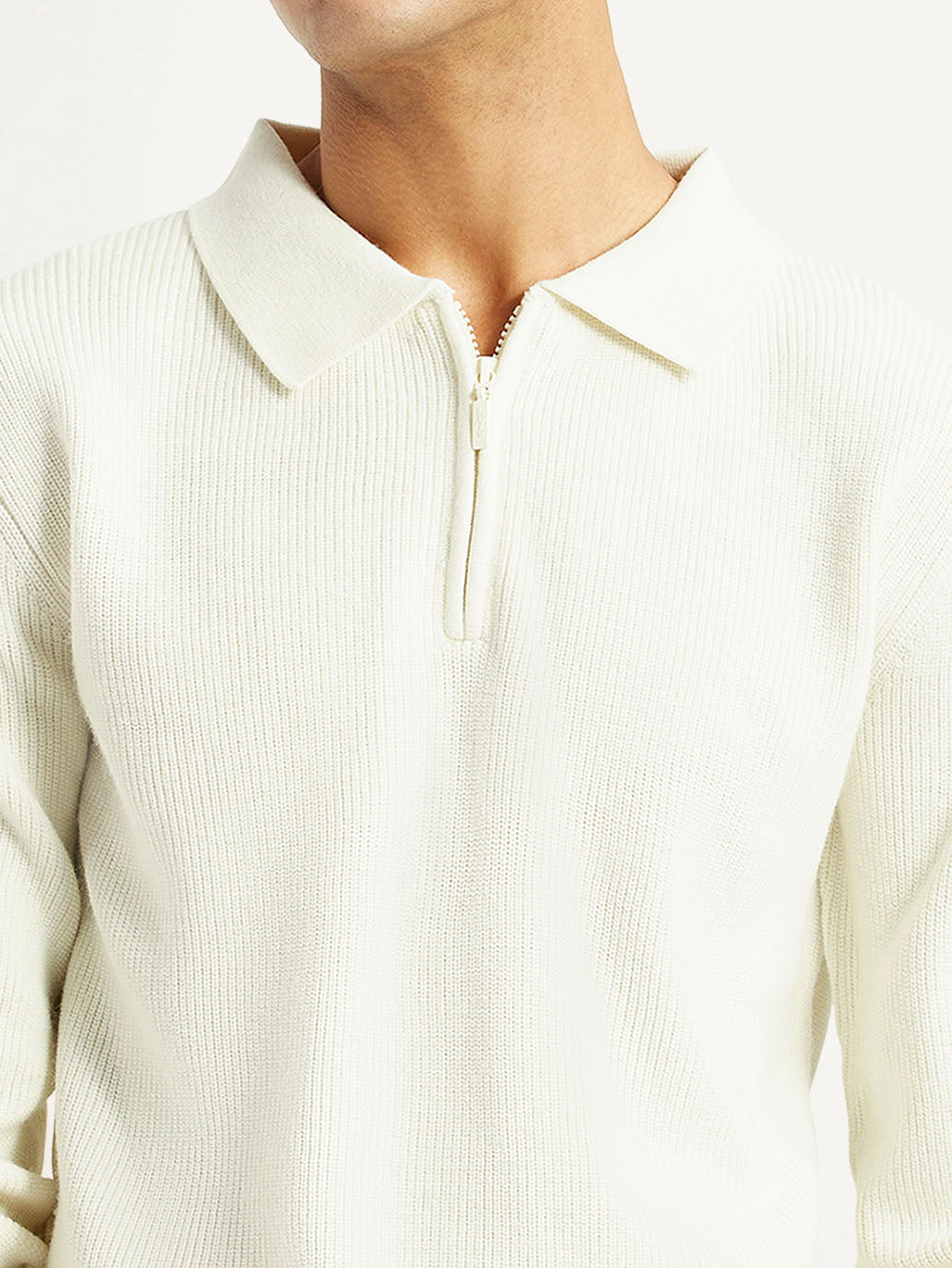 Men'S Self Design Off White Polo Neck Sweater