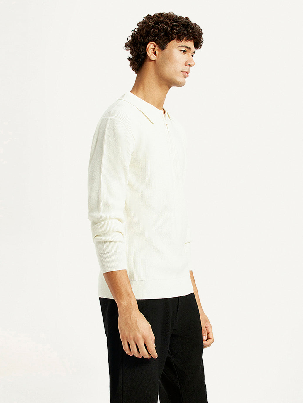 Men'S Self Design Off White Polo Neck Sweater