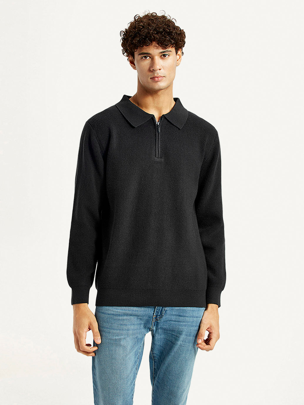 Men'S Self Design Black Polo Neck Sweater