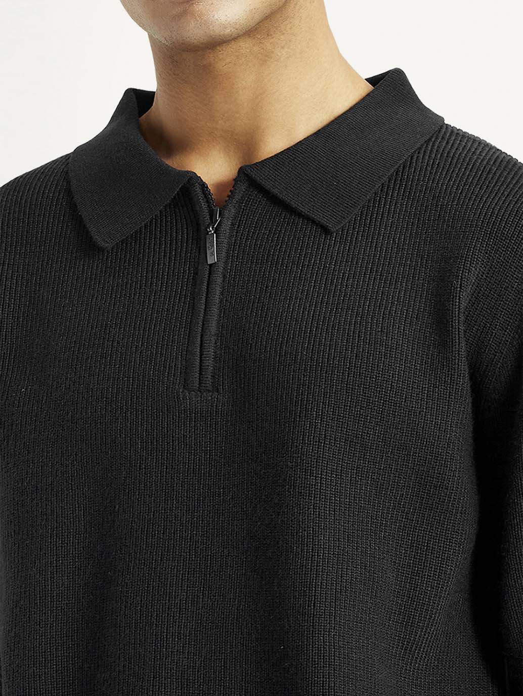 Men'S Self Design Black Polo Neck Sweater