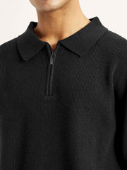 Men'S Self Design Black Polo Neck Sweater