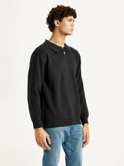 Men'S Self Design Black Polo Neck Sweater