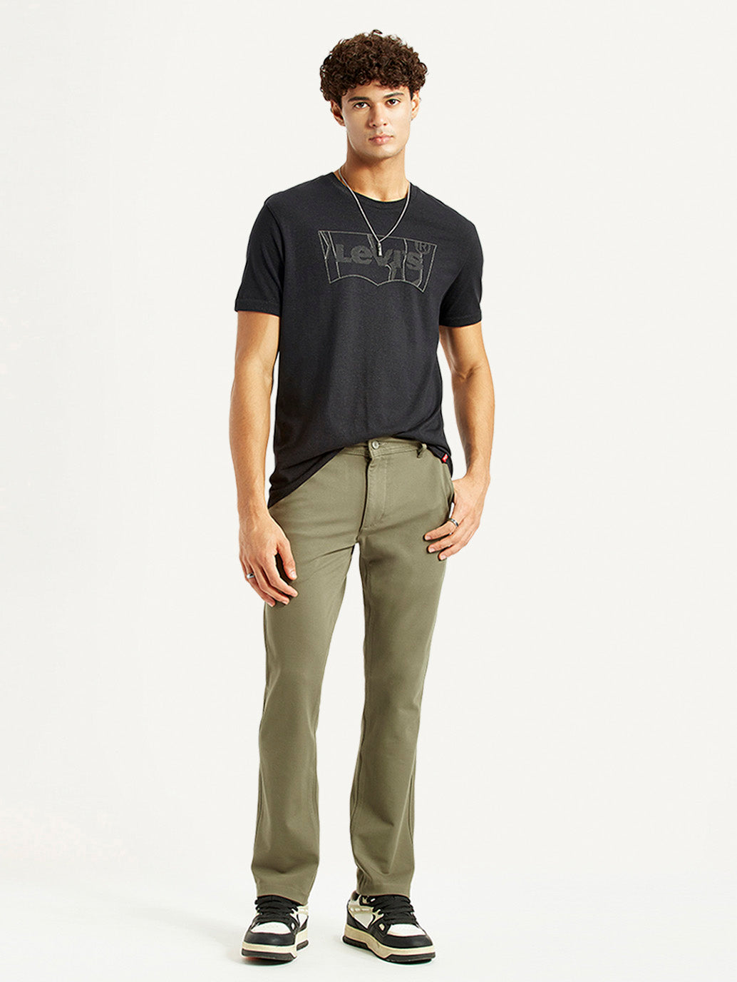 Men's olive slim fit mid-rise chinos by Levi's, showcasing the casual trouser with a clean, tailored appearance.