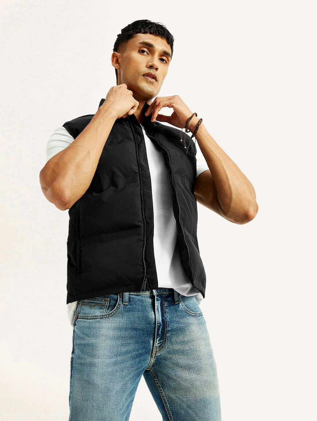 Men'S Solid Black Puffer Jacket