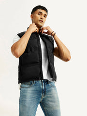 Men'S Solid Black Puffer Jacket