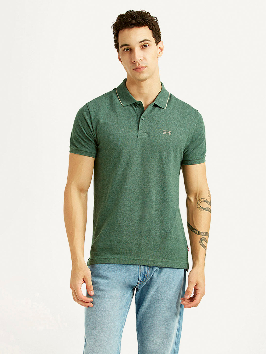 Levi's men's textured green slim fit polo T-shirt, long sleeve style, front view showing the collar and fabric details.