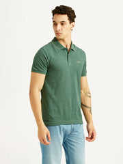 Levi's men's textured green slim fit polo T-shirt, side view showing short sleeves and classic collar detail.