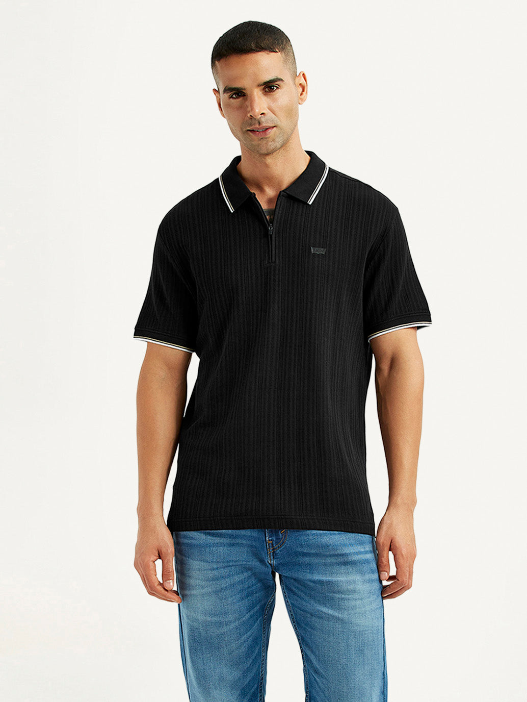 Men'S Self Design Black Slim Fit Polo T-Shirt - Goyalsons ShopMax
