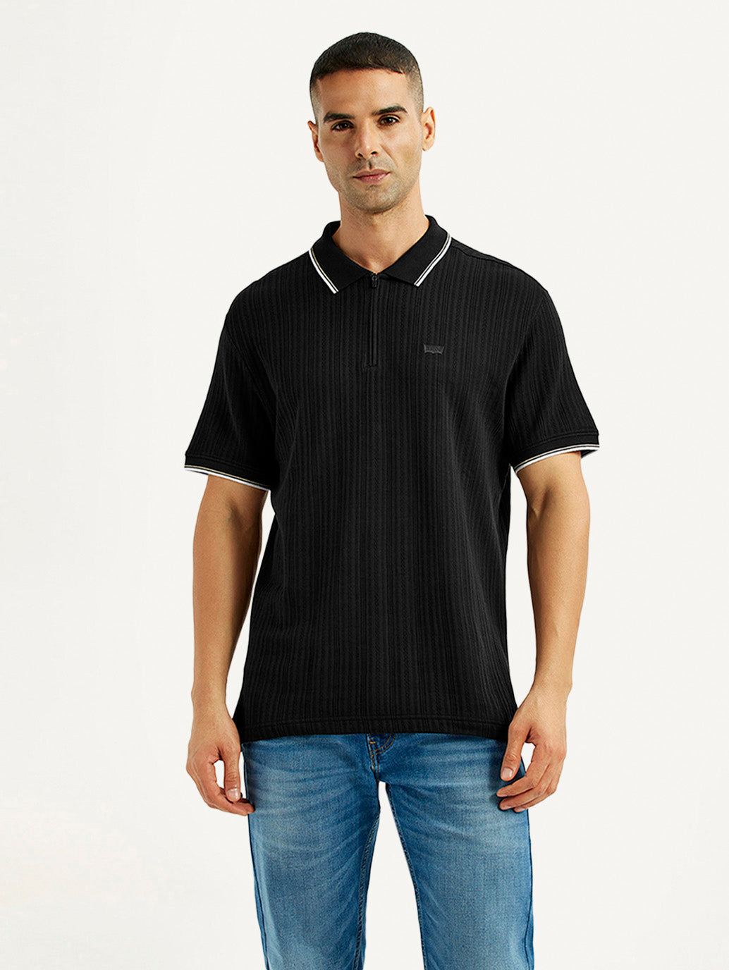 Men'S Self Design Black Slim Fit Polo T-Shirt - Goyalsons ShopMax