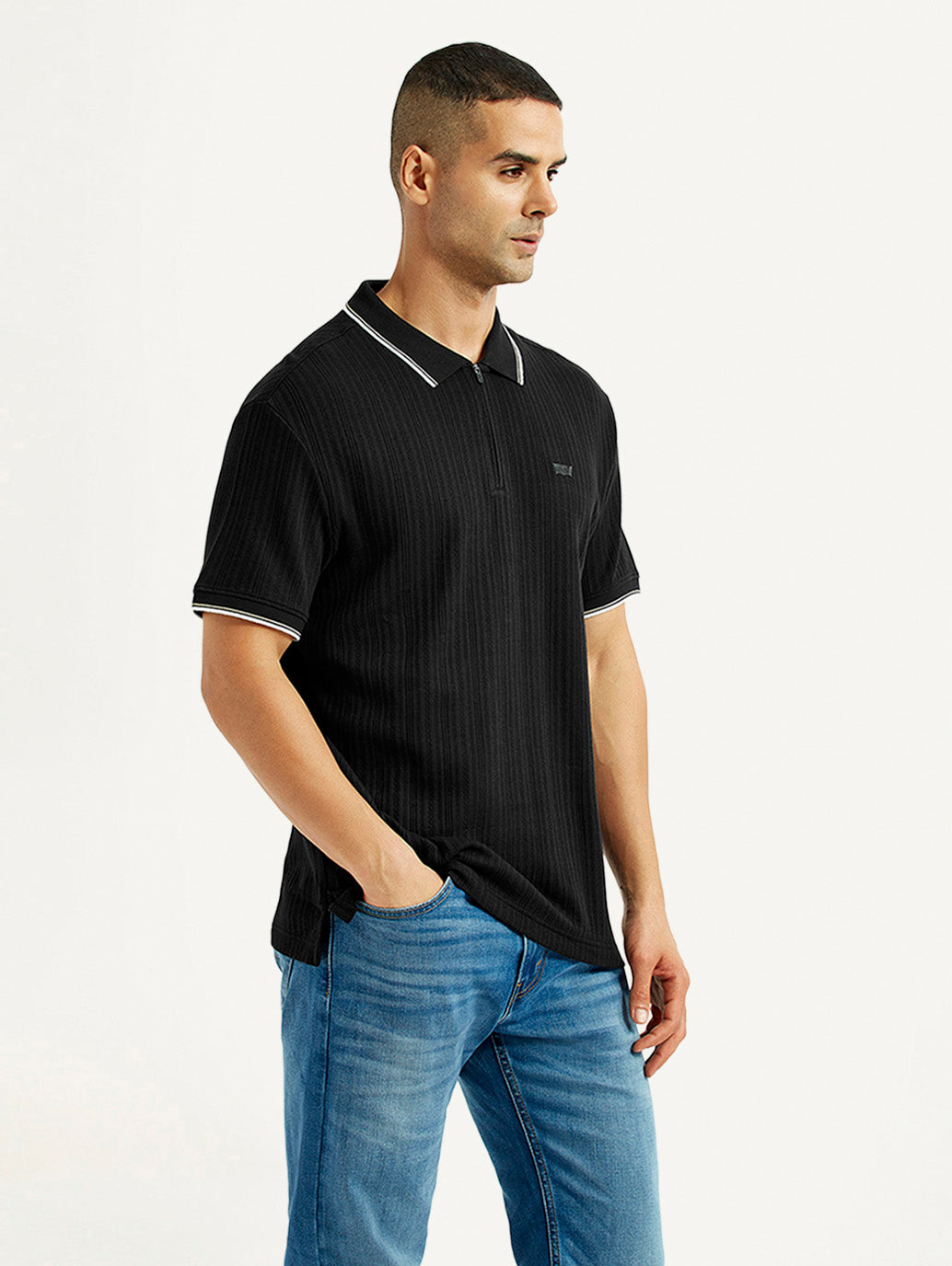 Men'S Self Design Black Slim Fit Polo T-Shirt - Goyalsons ShopMax