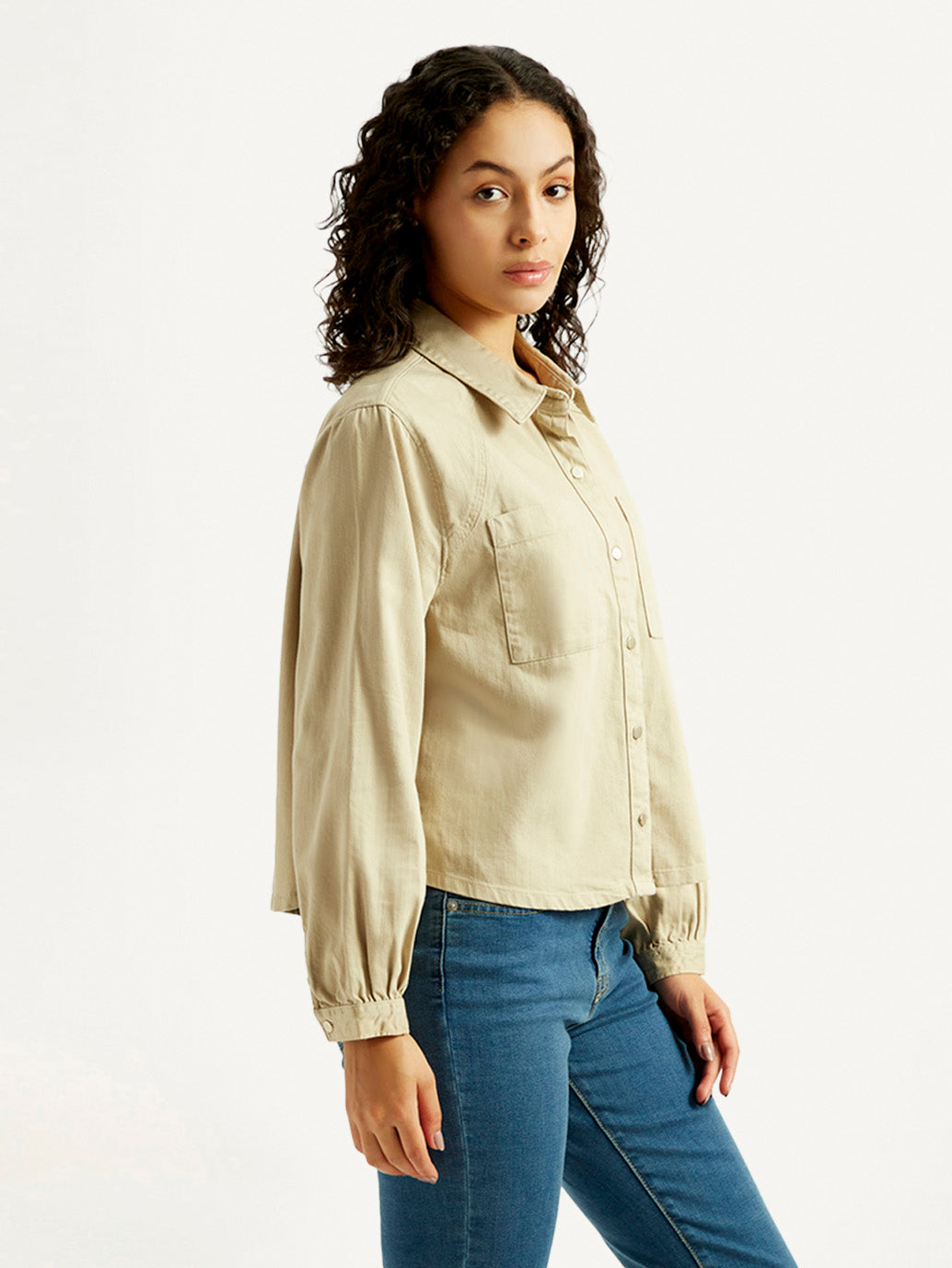 Women'S Solid Spread Collar Denim Shirt