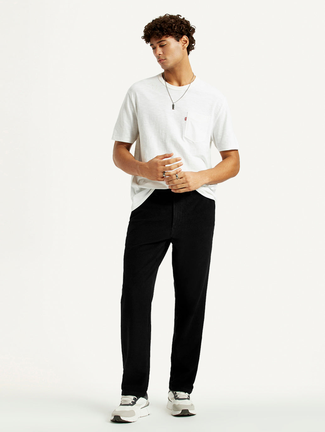 Levi's men's black relaxed straight fit mid-rise corduroy chinos casual trousers, front view showing fit and texture.