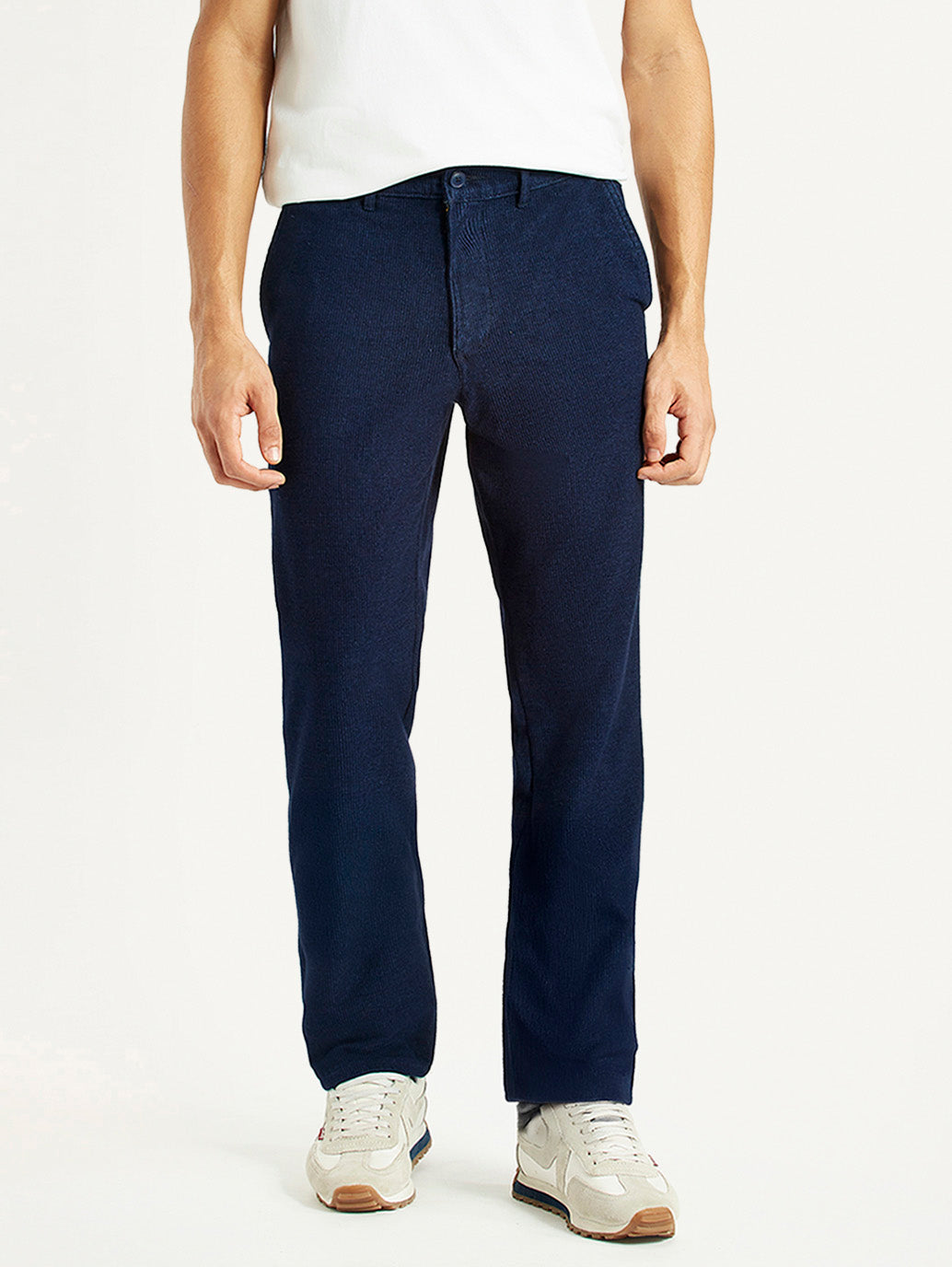 Men'S Navy Relaxed Straight Fit Mid Rise Corduroy Trousers