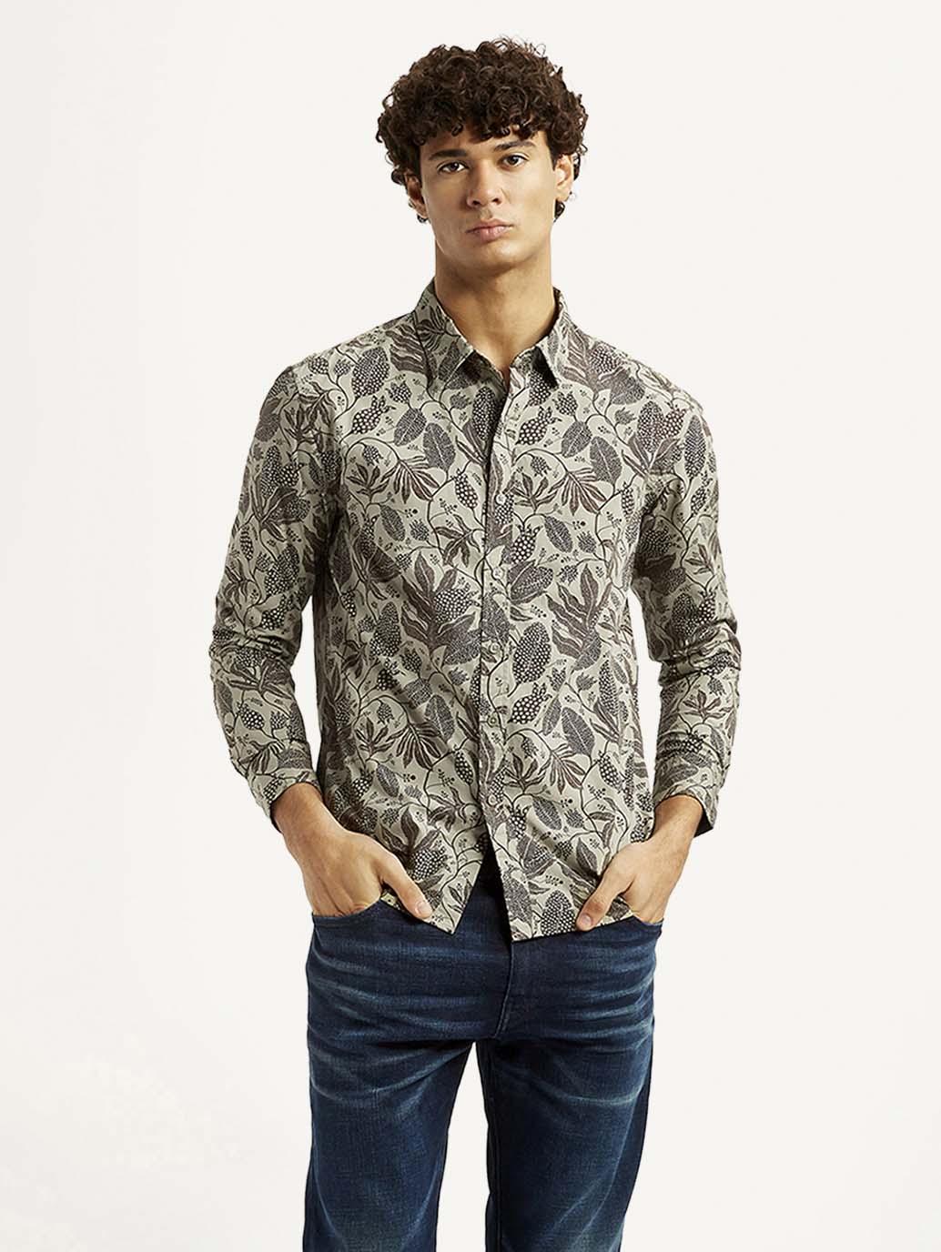 Men'S Printed Khaki Slim Fit Shirt - Goyalsons ShopMax
