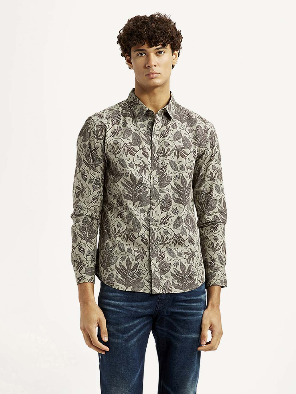 Men'S Printed Khaki Slim Fit Shirt - Goyalsons ShopMax