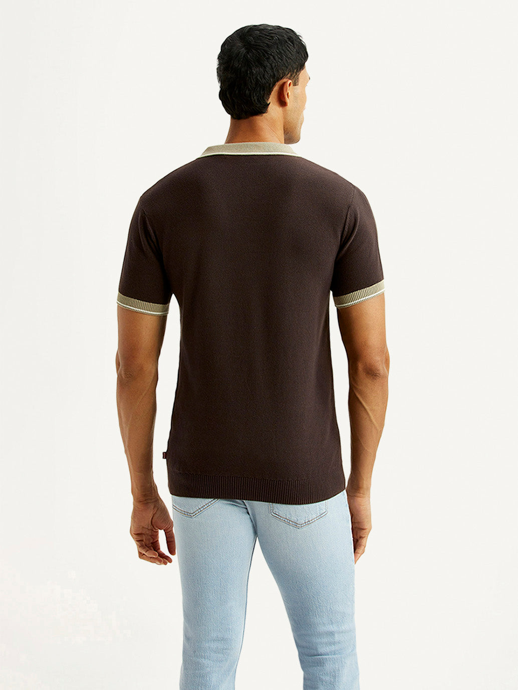Back view of Levi's men's colorblock brown long sleeve polo T-shirt showing its design and fit.