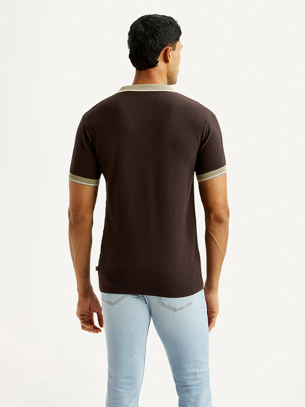 Back view of Levi's men's colorblock brown long sleeve polo T-shirt showing its design and fit.