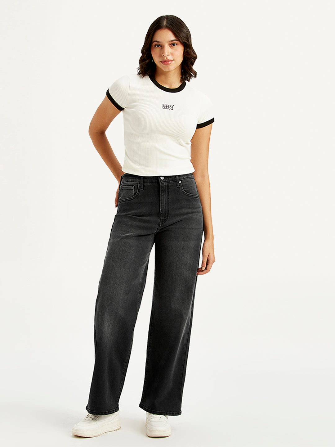 Levi's women's charcoal grey high-rise wide-leg jeans with mile-high fit, showcasing the relaxed, stylish leg opening.