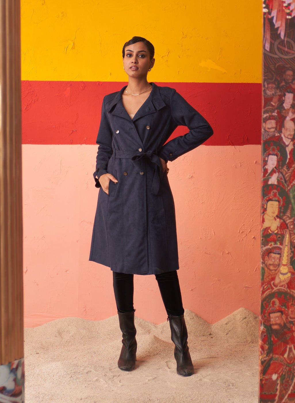 Blue Long Coat For Women With Stand Collar And Belt