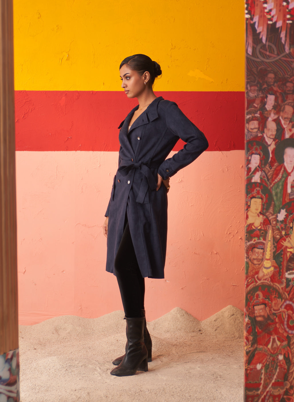 Blue Long Coat For Women With Stand Collar And Belt