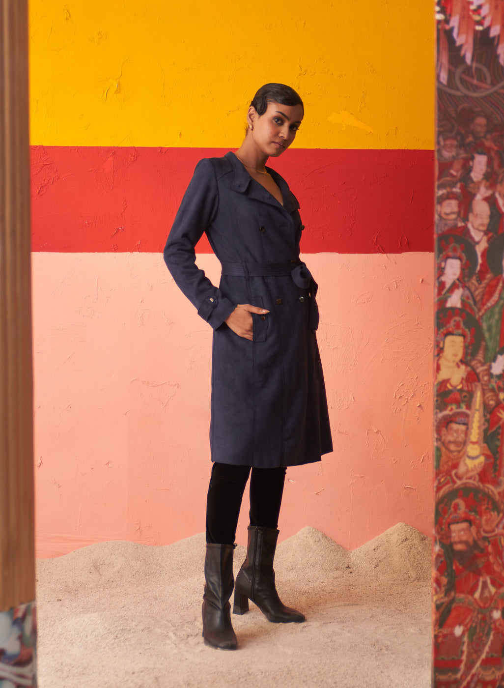 Blue Long Coat For Women With Stand Collar And Belt