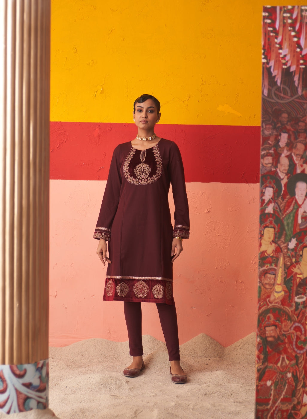 Maroon Womenãƒâ¢Ã¢Â€Šâ¬Ã¢Â€Žâ¢S Woollen Kurti With Embroidered Yoke And Button Detailing On Cuffs